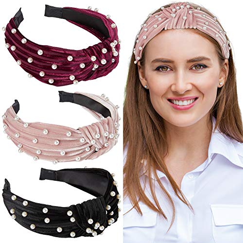 QtGirl Pearl Headbands for Women, Grils Velvet Headband Pearl Hairband Knot Hair Hoop Hair Accessories for Woman Girls Party Wedding