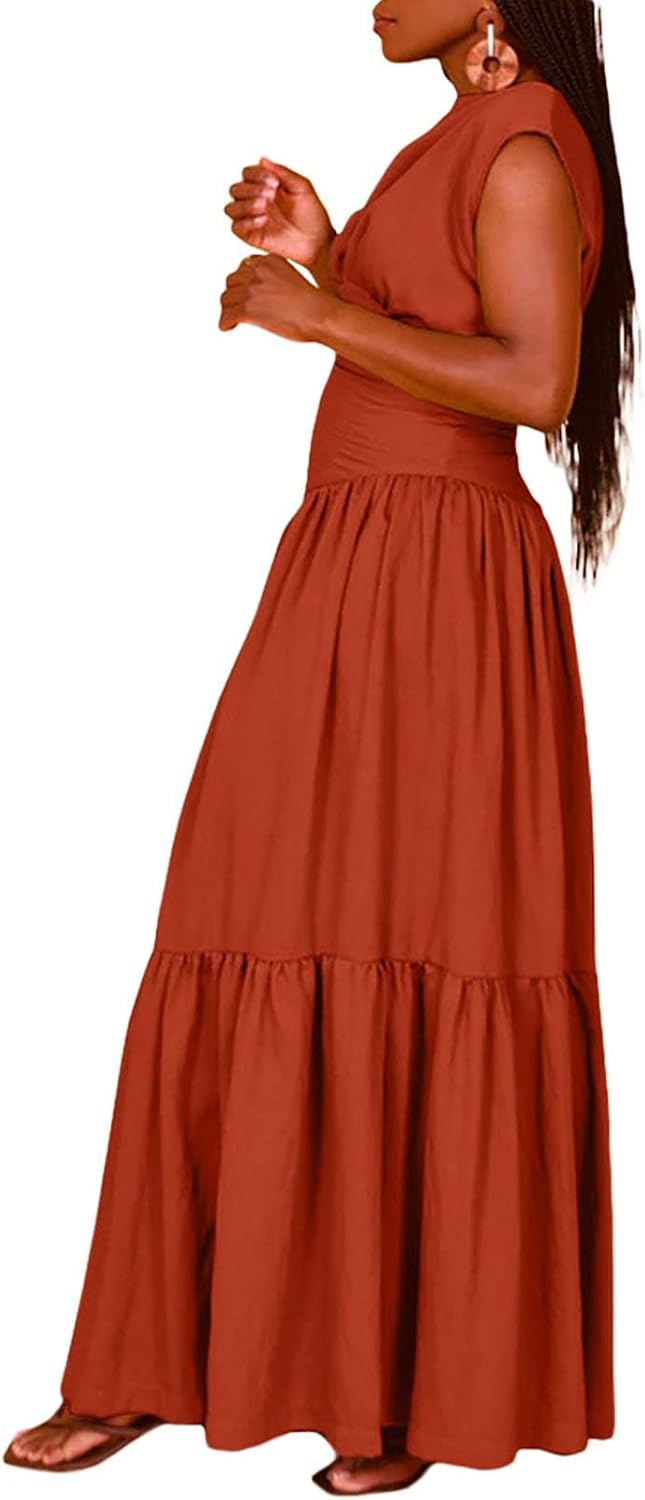 Women's Summer Sleeveless Loose Flowy Maxi Dress Crew Neck High Waist Casual Long Dress Zipper Swing Sundress