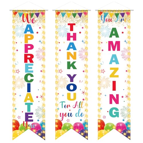3PCS Colorful We Appreciate You Decoration Banner Thank You for All You Do Banner You Are Amazing Backdrop for Teacher Employee Staff Nurse Poaster Volunteer Appreciation Retirement Party Decorations