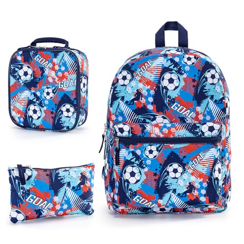 DOTBUY-SHOP Kids Backpack Set with Lunch Tote and Pencil Case Football Print School Backpack Boys Girls Toddler Primary School Bags Tear-Resistant Student Daypack - Blue- 3 Piece Set