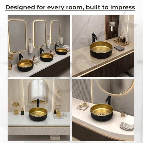 Image of Plantex Table Top Wash Basin for Bathroom /Designer Ceramic Basin /Round Countertop Vessel Sink Basin for Home /Office /Hotel (Black & Gold - 14 x 14 x 5 Inch)