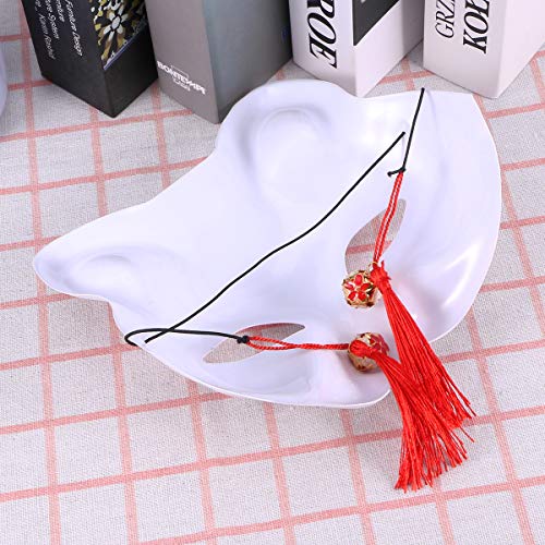 Kabuki Kitsune máscara de plástico de gato anime com contas de flor de borla, estilo janpanês, másca