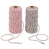 Benvo 綿ロープ リボン 2巻セット クリスマス＆正月プレゼント用リボン 幅2mm長100m/巻き 綿紐 毛糸 アクリル糸 編み糸 手作り用 プレゼント包装用品 綿ひも コットンコード お誕生日 新年 祝日など手芸材料 装飾 梱包 DIY用 壁飾り壁掛け コットンロープ 綿糸 編み素材として利用可能(赤＆白+赤＆緑＆白)