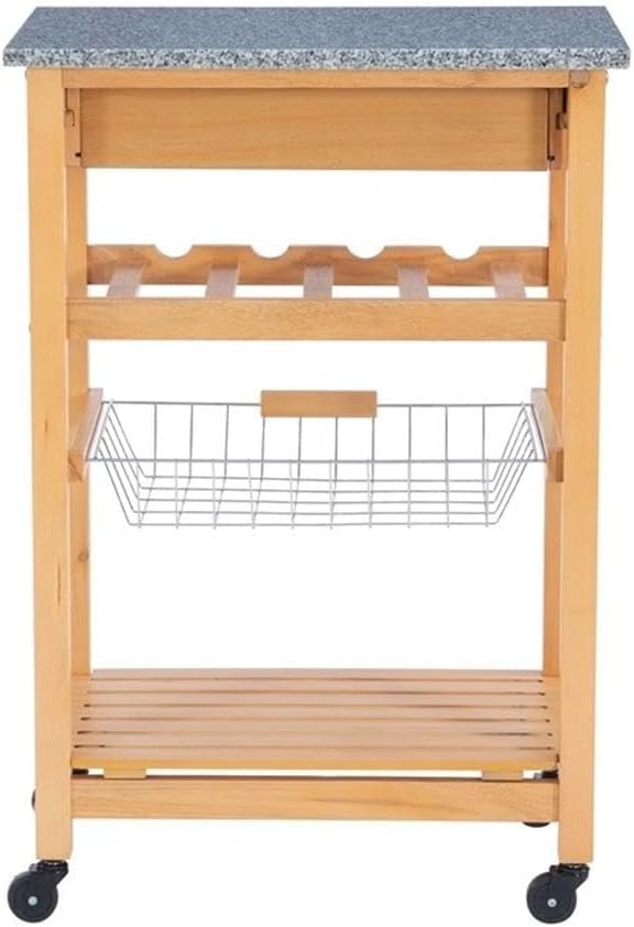 Pemberly Row Transitional Wood Kitchen Cart, 22.75" W x 15.75" D x 33.75" H, Granite Top, Natural/Gray Finish, Pine/MDF Construction, Storage Drawer, Wine Rack, Mobile Island for Food Prep or