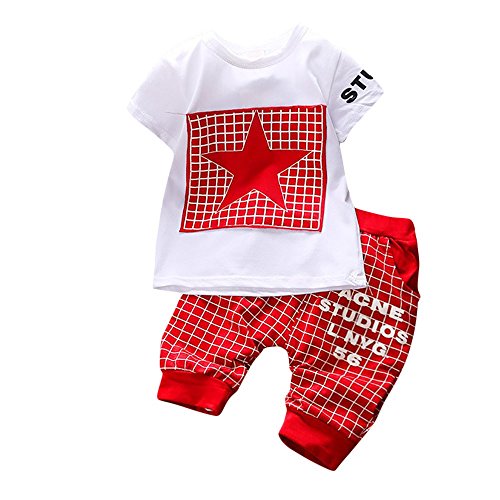 2Pcs Infant Outfits, Newborn Kid Boys Girl Letter Star Print Plaid Short Sleeve Tops Tee T Shirt Pants Clothes Set Red