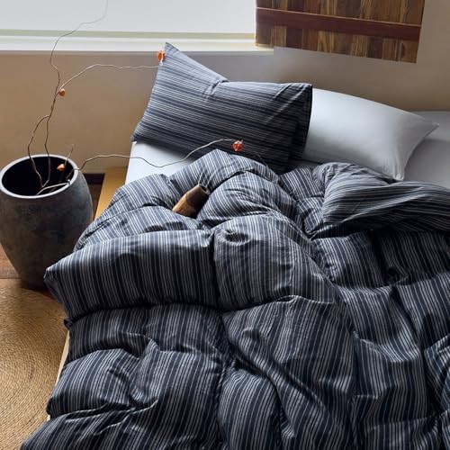 Image of VM VOUGEMARKET Blue White Stripe Duvet Cover Set - Soft Washed Cotton,Modern Neutral Ticking Pinstripe Minimalist, 3 Pieces,Navy Blue,Queen Size