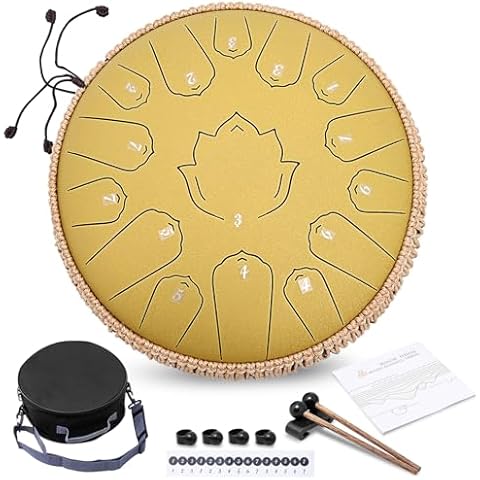 Steel Tongue Drum 13 Inch 15 Notes,Hand Drums with C-Key Travel Bag Drumsticks Holder Finger Paddles and Music Book,Handpan Percussion for Musical Education Meditation Yoga Gifts(Yellow) Cover