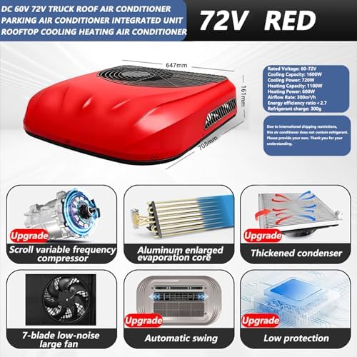 60V 72V DC RV Rooftop Air Conditioner - 1600W Cooling & 1000W Heating, 360° Airflow, Temp Display, Rapid 8 Min Warm-Up, 300m³/H for Cars, Trucks, Vans