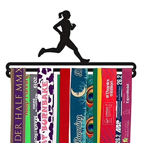 Medal Hanger Display | FEMALE RUNNER | Double Bar | Black Metal | Wall Mounted Running Medal Holder | Made in Britain