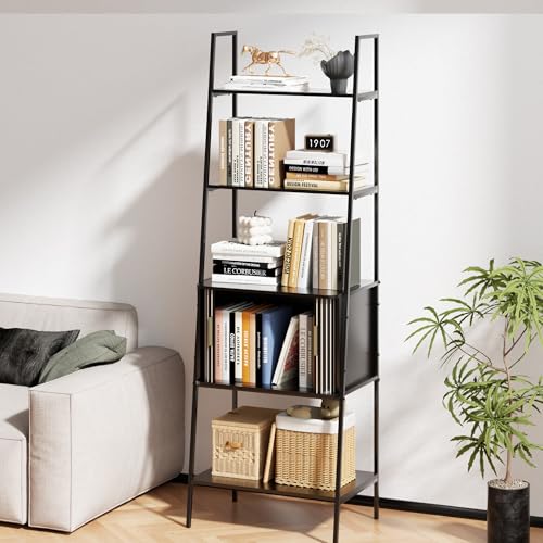 Image of LUVIOHOME 4 Tier Bookshelf with Drawer,Tall Narrow Bookcase with Shelves, Wood and Metal Bookshelves Storage Organizer,Industrial Display Standing for Living Room, Home Office, Entryway (Black)