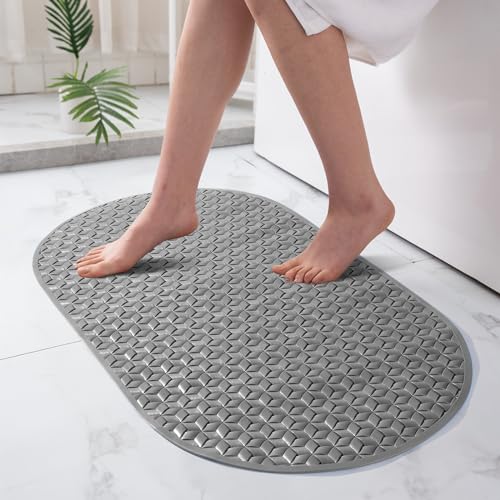 SELIBRE Oval Shower Mat Non-Slip with Hundreds Suction Cups, Non-Smell Extra Soft Rubber Material with Drain Holes, Machine Washable Bath Tub Mat for Kids and Seniors, Bathroom Tub, 27" x 15" Gray