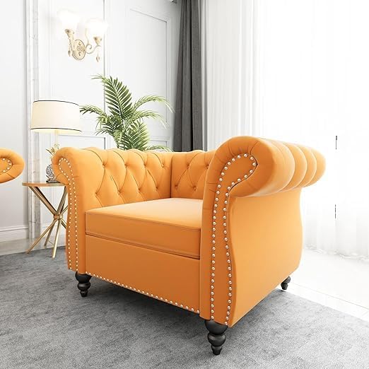 Image of Solid Wood Velvet Fabric L Shape Sofa Sofa for Living Room Button Tufted Sofa Chair for Home & Office (Left Aligned L-Shaped (Yellow)