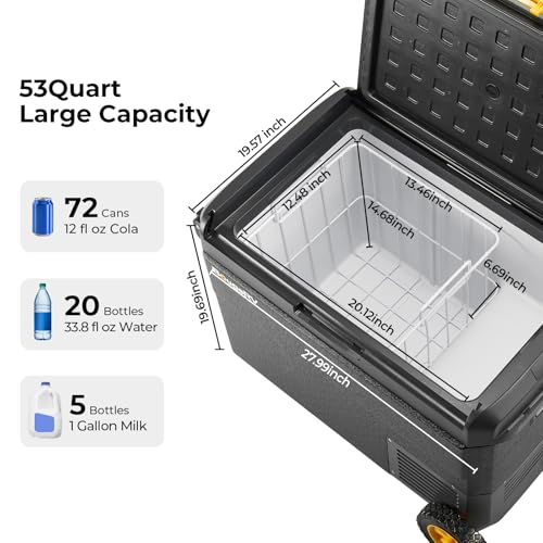 BougeRV 12 Volt Car Refrigerator, CRS 53 Quart Portable Fridge Freezer with APP Control, -4℉ to 68℉ Compressor Electric Cooler with Wheels 12/24V DC 110~240 Volt AC for Truck Van RV Camping Road Trip
