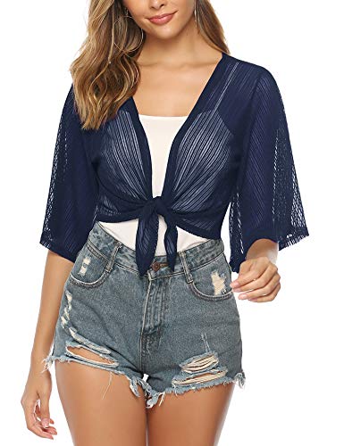 iClosam Women Tie Front Chiffon Shrug Short Sleeve Cropped Sheer Bolero Shrug Cardigan Navy Blue