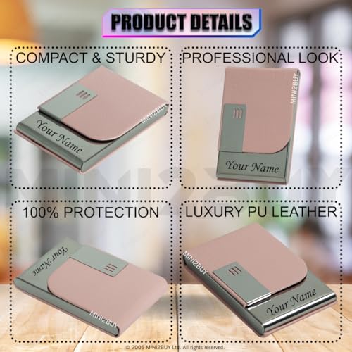 Image of Engraved Your Name Customized On Vertical Card Holder -Luxurious Unisex Design-RFID Blocking Stainless Steel 1 x 10 x 6 cm for Credit|Debit|ATM|Business Visiting Corporate Gift (Pink-PTI)