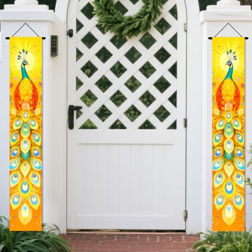 Image of Nuxovilar Peacock Outside Front Door Banners 12x71 Inches Polyester | Tropical Porch Sign, Hanging Decor Elegant Animal Banner, Feather Peacock Accent Patio, Porch, Entryway (Peacock Art)
