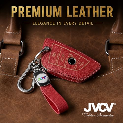 Image of JVCV Soft Handmade Lychee Pattern Leather Key Cover Compatible with BMW X1, X3, X6, X5, 5 Series, 6 Series, 7 Series 4 Button Blade Smart Key | Premium Leather Protective Case (Red)