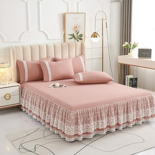 Motivo: tinta unita con pizzo Fitted Sheet with Design, lenzuolo con angoli elasticizzati, 120 x 200 cm, colore rosa antico, tinta unita, con pizzo in microfibra (con 2 federe), per upgrade a tutte le stagioni