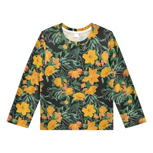 DOMIKING Orange Floral Blossom Foliage Boys Long Sleeve Rashguard Shirt Kids Quick Dry Swim Shirt for Kids Toddler 9-10T