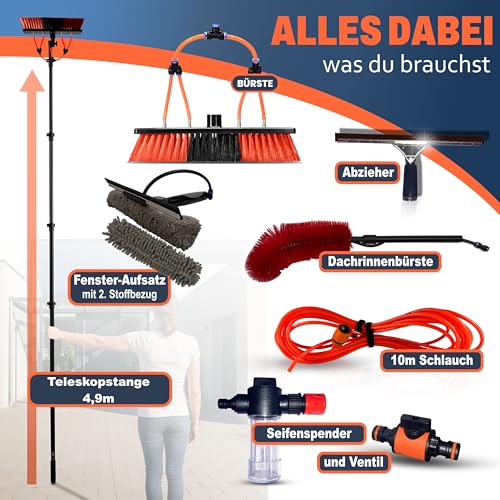Profi Teleskop Waschbürste mit Teleskopstiel 4,9m wasserführend - Inkl. Dachrinnenreiniger & Fensterwischer - Teleskopstange für Photovoltaik Solar Anlagen & Wintergarten Reinigungsset