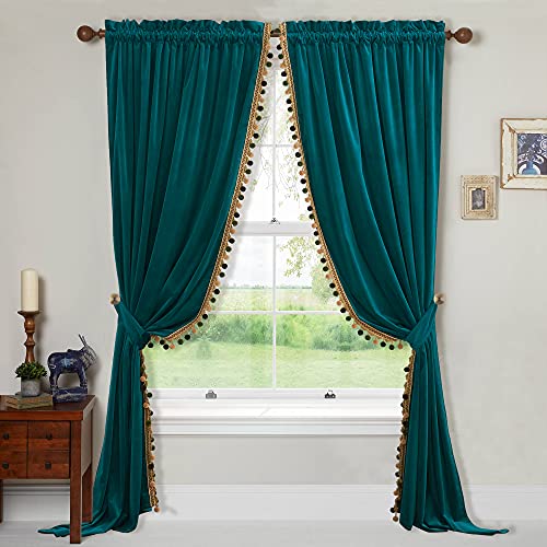StangH Teal Pom Pom Velvet Curtains