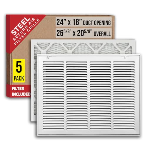 [5 Pack] Fits 24x18 Duct Opening | Filter Included Steel Return Air Filter Grille by Handua [Removable Door] | Vent Cover Filter Grill | White | Out. Dim.: 26 5/8"W X 20 5/8"H