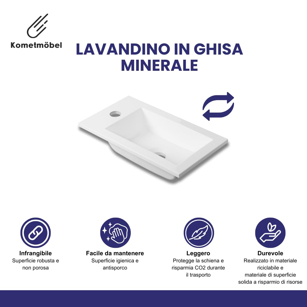 Mobile Bagno Sospeso 40cm con Lavabo in Resina - Mobiletto Salvaspazio per Bagno di Servizio - Già Assemblato (Bianco 40cm, Con Rubinetto Cromo)