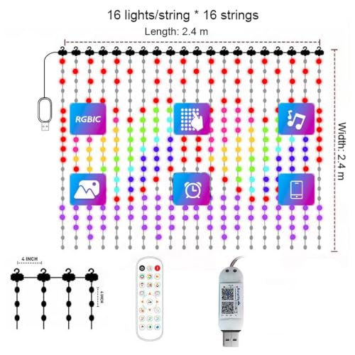 Image of Smart Animated Curtain String Lights Remote APP Control 2.4 x 2.4m 256LED RGB Color Changing Waterproof DIY Hanging Window Fairy Lights Programmable Music Sync for Festival Decoration