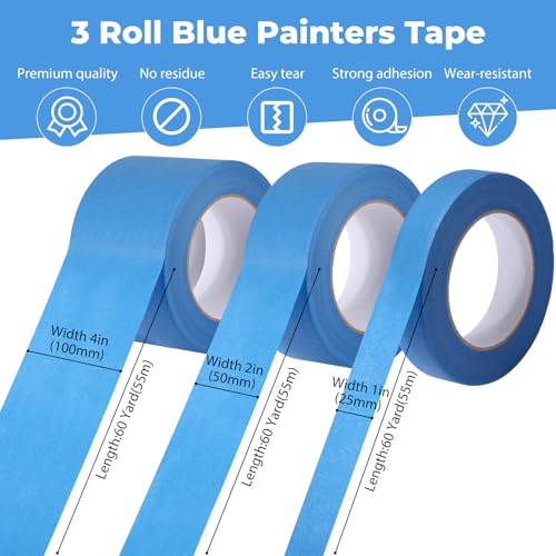 Image of Affrolling 3 Pack Wide Blue Painters Tape, 1 inch 2 inch 4'' x 60 Yard, Multi Size Painting Masking Tape, Clean Release Paper Tape for Home, Office, DIY Art, Crafts, Labeling, Decoration