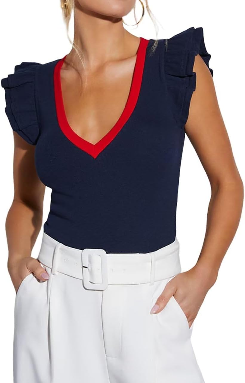 BONITEE Women's Summer Ruffle Tops Sexy Deep V Neck Cap Sleeve Tee Shirts Casual Ribbed Slim Tank Blouse Preppy Clothes Medium Blue
