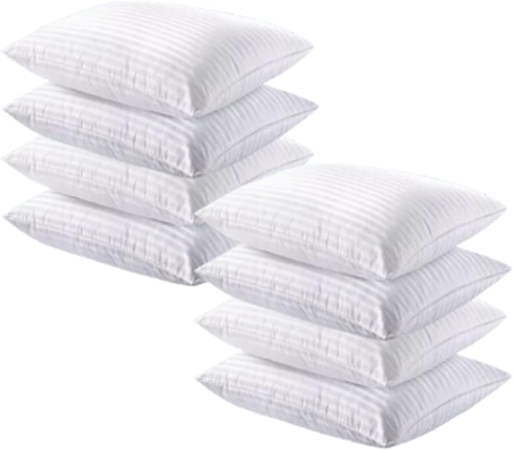 AmigoZone Hotel Quality Stripe 8 Pack Pillows - Bounce Back Pillow Cotton Blend With Virgin HollowFibre - Firm Support Anti Allergy Machine Washable - 48x74cm - Pack of 8