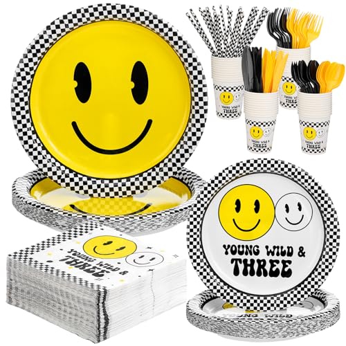 SiliFine 344 Pcs Young Wild and Three Birthday Decorations Birthday Party Supplies Serve 24, Paper Plates Cups Napkins Knife Fork Spoon Straw Tableware for 2nd 3rd