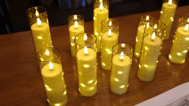 Image of Da by 12 Pack Champagne Flameless Taper Candles, Flickering Black Wick LED Candles with Copper Wire Lights, Heat Resistant ABS with 2 Remotes, Assorted Sizes for Indoor Outdoor Decor
