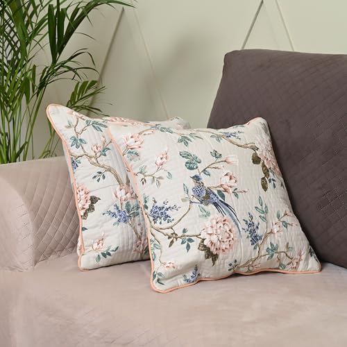 Image of Jaipur Weaves Cushion Cover 16 Inch X 16 Inch - Set of 2, Pure Cotton,180 TC, Bird Themed, Decorative Soft Floral Cushions for Sofa /Bed /Chair, Gift for Home Decor (Garden Cream, 2)