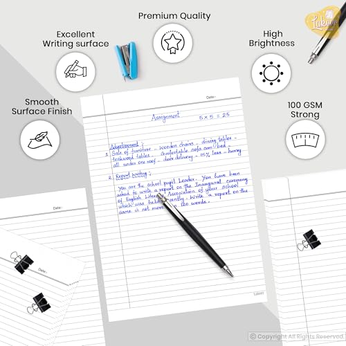 Image of Lakeer A4 Single Side Ruled Paper - 100 GSM Thick Paper, Pack of 100 Sheets | Ideal for Projects, Assignments, Practicals, and Homework (White)