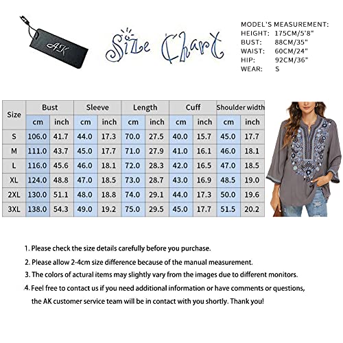 Ak Embroidered Tops For Women 3/4 Sleeve Bohemian Mexican Floral Peasant Shirts Loose Tunic Blouses (S, 372-Grey) #TOP5