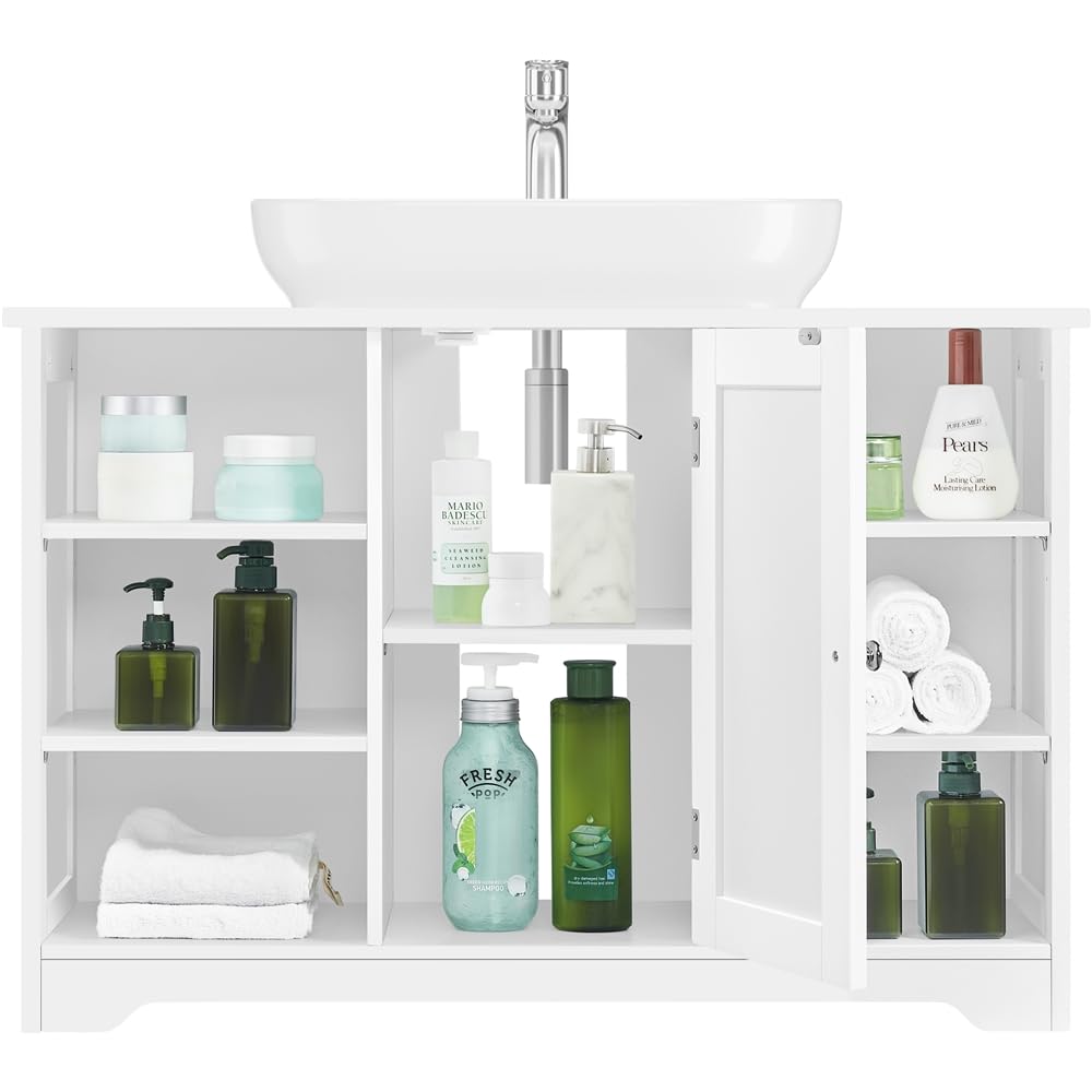 Yaheetech Mueble Bajo Lavabo de Madera Amplio Espacio de Almacenamiento | 60×30×90 cm mueble auxiliar de baño 6 Estantes y 1 Puerta Aramrio de Lavabo Blanco