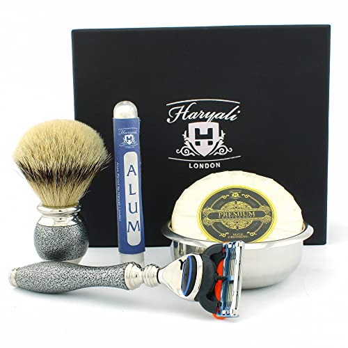 Haryali London 5Pc Mens Shaving Kit 5 Edge Razor with Silver Tip Badger Hair Shaving Brush, Soap, Bowl and Alum Perfect Set for Men