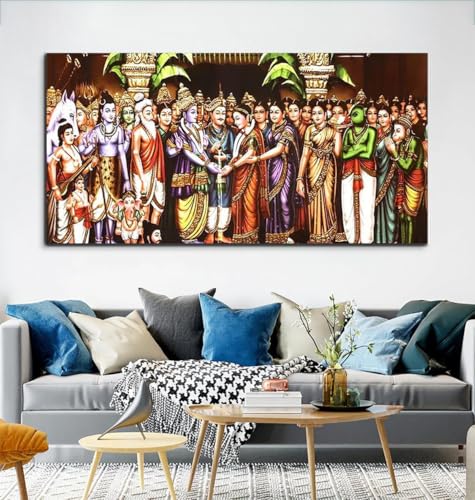 Image of AADEE CRAFT Srinivasa Kalyanam Wall Canvas Painting Big Size With Wooden Framed For Living Room Bedroom, Shri Ram & Mata Sita Swayamber Wall Art For Home Decor Office Walls Size Large (48x24 inches)