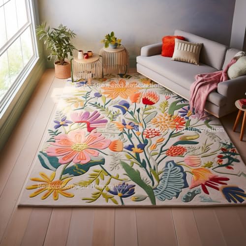 Restoration and Renovation Alfombra floral de lana hecha a mano para sala de estar | Elegante diseño de jardín de flores, suave, gruesa y duradera | Alfombra de decoración para dormitorio, comedor y