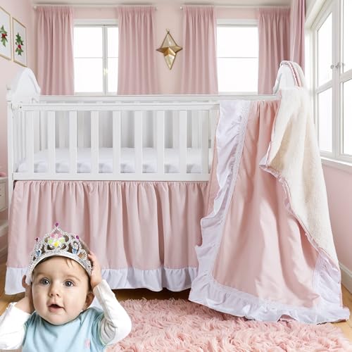 Image of Brandream Girls Nursery Bedding Pink Baby Bedding Princess Ruffle Crib Blanket Set 3 Piece