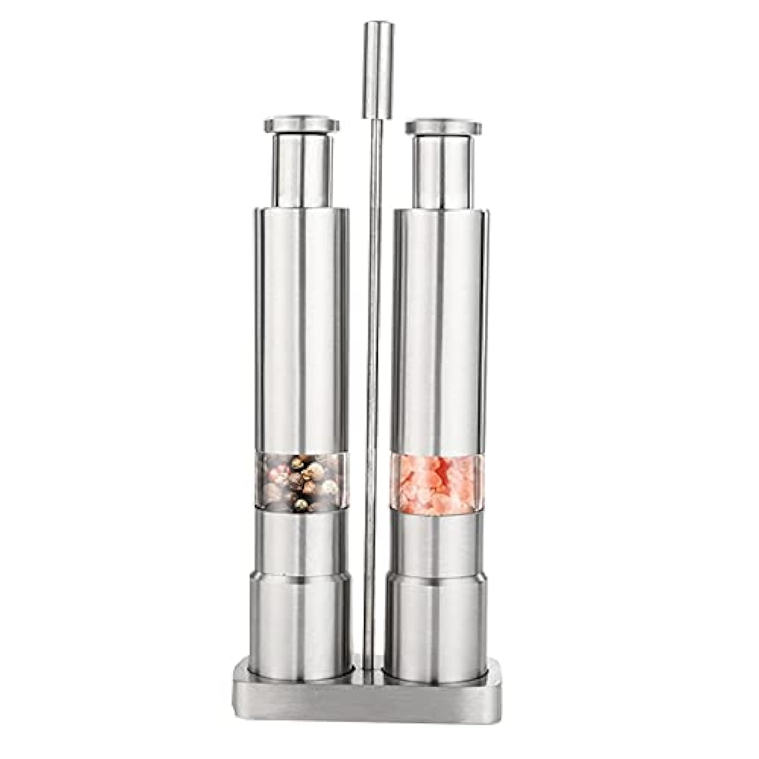 Pratyahara Silver Manual Salt And Pepper Grinder Set Thumb Push Pepper Mill Stainless Steel Spice Sauce Grinders With Metal Holder