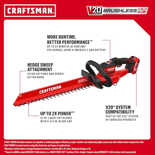 Image of CRAFTSMAN V20 22 in. Hedge Trimmer Cordless with 2Ah Battery and Charger, Lightweight Brushless RP Bush Trimmer with Hedge Sweep Attachment, Longer Runtime, Up to 2X More Power (CMCHT830D1)