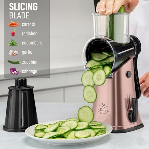 Image of Zulay Kitchen Rotary Cheese Grater 5 Blade Cheese Shredder - Manual Hand Crank Cheese Grater With Reinforced Suction & 5 Interchangeable Drums - Easy to Use, Vegetable Chopper Round Mandoline Slicer