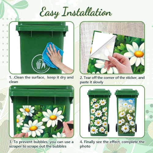 Image of Peacoblue Wheelie Bin Stickers 2 Sheets Daisy and Butterfly Sticky Dustbin Stickers Decals, 15 inch x 32 inch Waterproof Large Wraps for Trash Cans Bins Fridges Door Wall Garden Outdoor Indoor Patio Decor