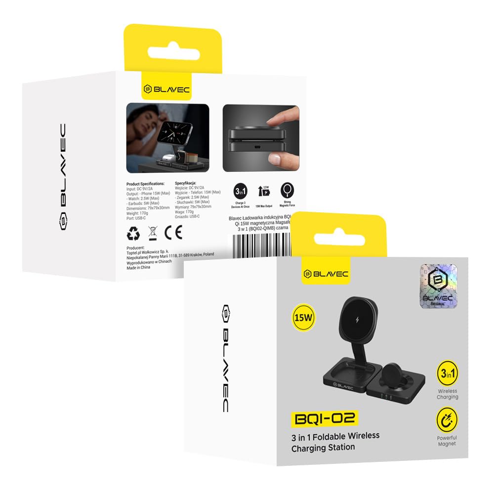 Ładowarka Indukcyjna 3w1 Składana 15W – Do Apple iPhone 12/13/14/15/16 Pro Max, kompatybilna z MagSafe, Apple Watch Series 7/8/9/Ultra/Ultra 2, AirPods i Urządzeń Qi – Szybkie Ładowanie, Regulowana