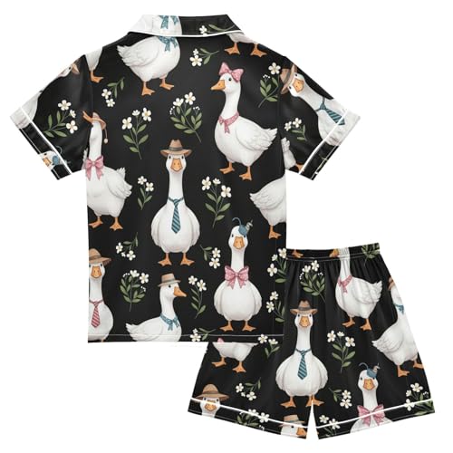 Satin Pajama Sets Short Sleeve Stylish Geese Floral Background Button Down Silky Nightwear 2 Piece PJS 5-14Y2
