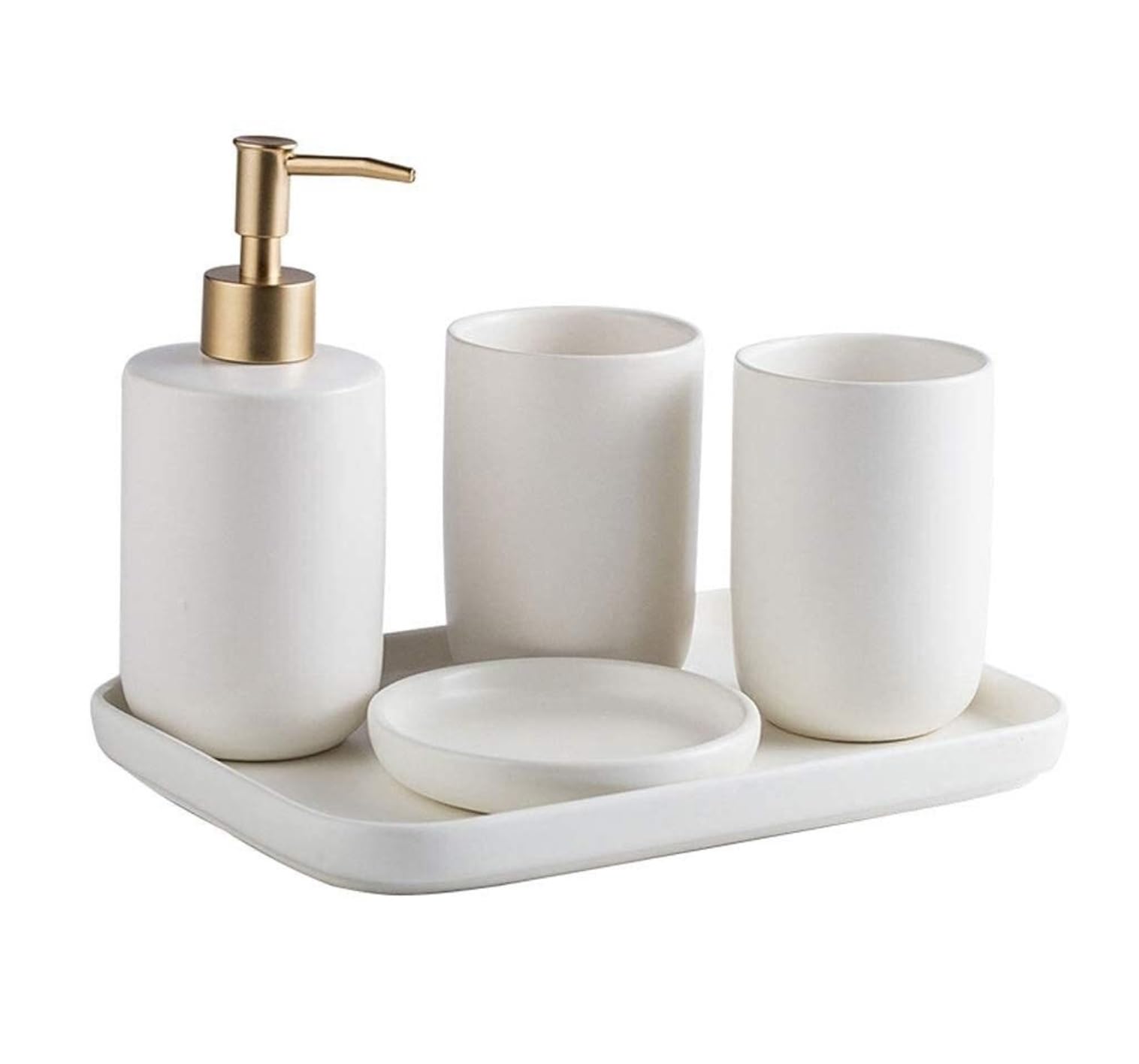 Badezimmer Set 5 Packungen Keramik Lotion Flasche Mundwasser Tasse Seifenschale Tablett Badezimmer Zubehör Set Für Hotel Restaurant Dekoration Organizer(White)