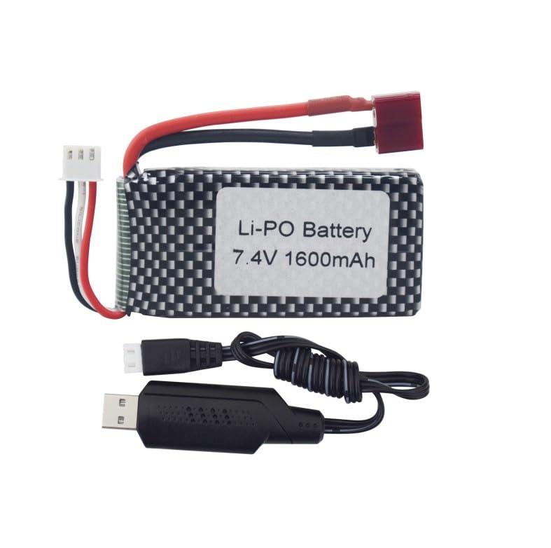Fytoo 1PCS 7.4V 1600mah T-Head High-Rate Lithium Battery with 1PCS 7.4V USB Charging Cable for 9125 25-DJ02 S920 S921 1:10 High-Speed Off-Road Vehicle