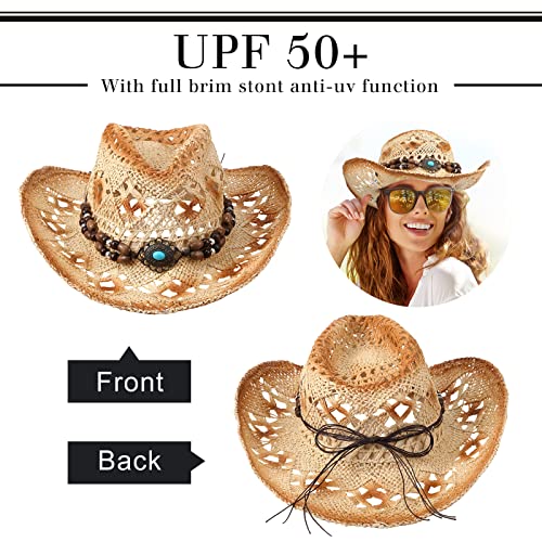 Zhanmai Women Men's Woven Straw Cowboy Cowgirl Hat With Foldable Sunglasses Wide Brim Western Straw Hat Cowboy Costume Accessories(Beige) #TOP1
